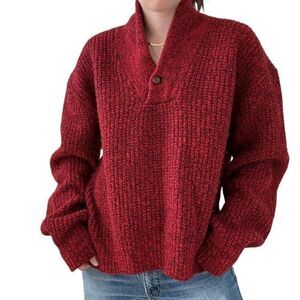 Vintage American Eagle Red Mareled Cowl Neck Ribbed Wool Sweater Elbow Patch L